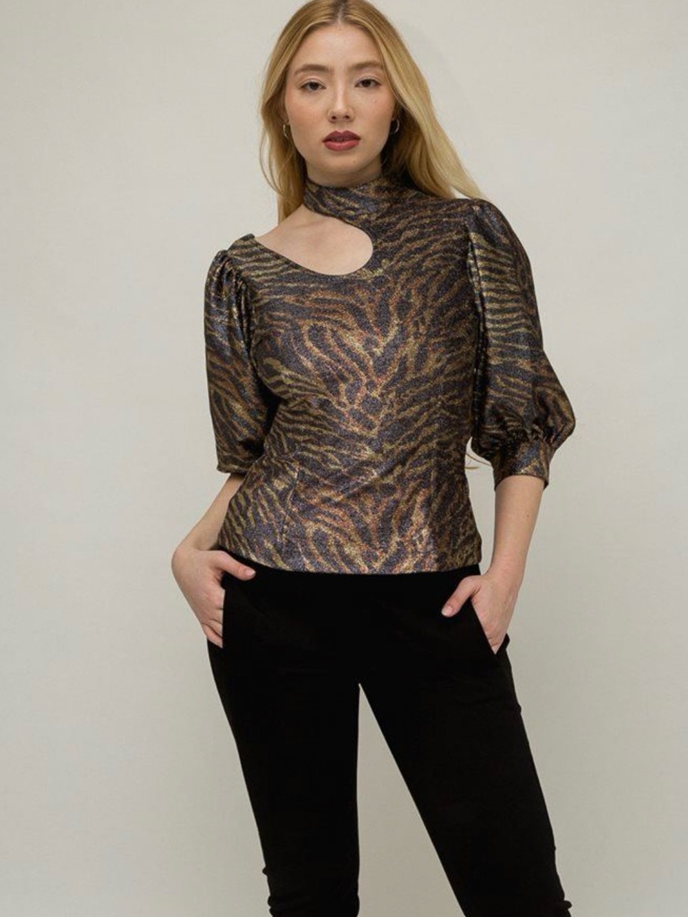 GANNI Tiger Print Puff Sleeve Metallic Assymetric Cutout Top Blouse Black/Brown